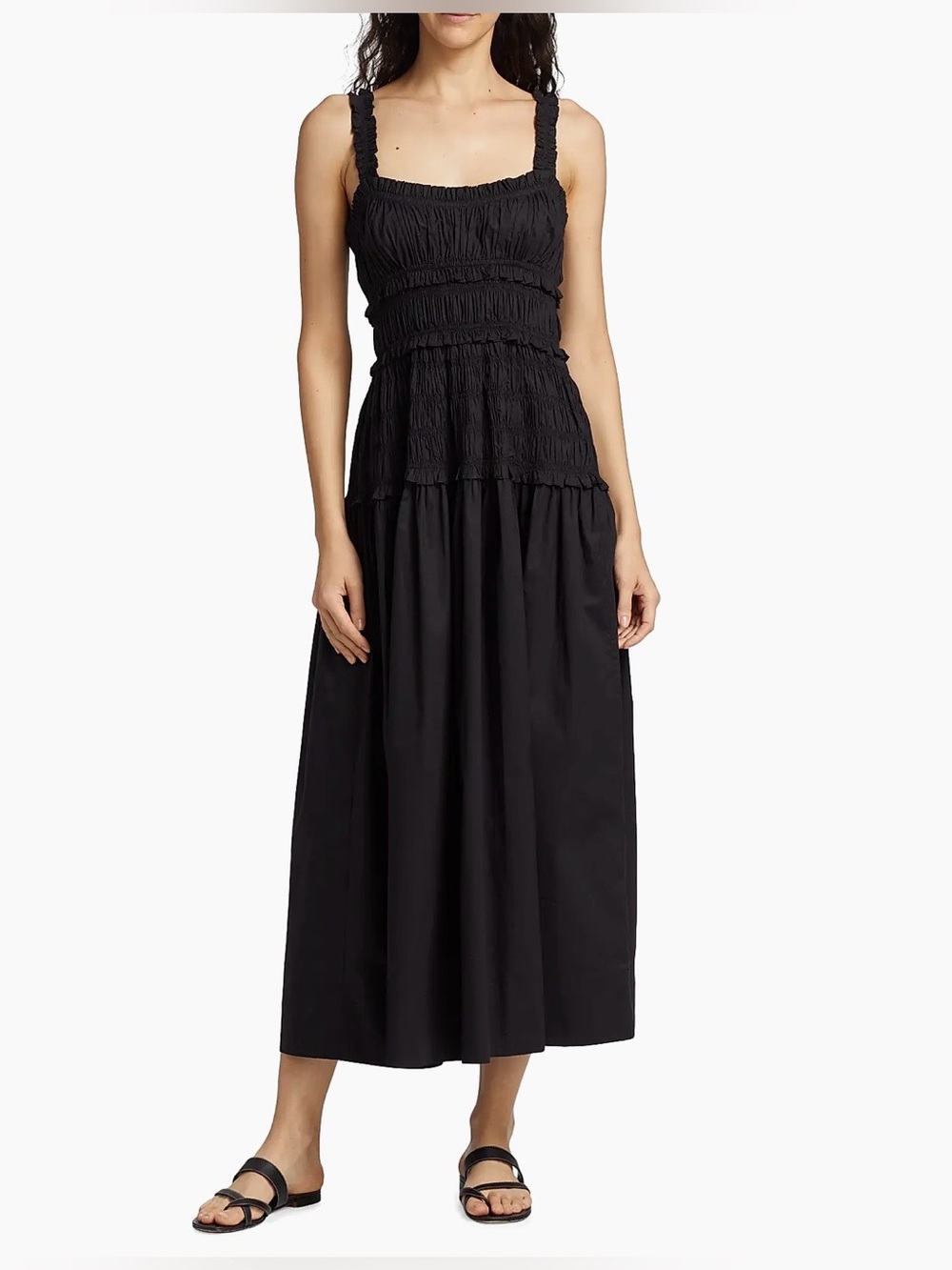 Dôen Marianne Black Cotton Poplin Smocked Midi Dress Size Large